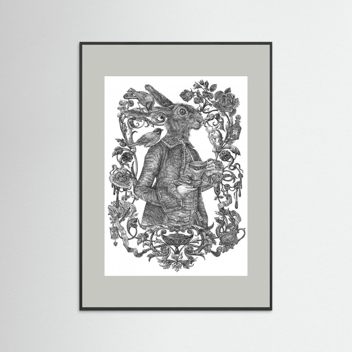 March Hare Vintage Illustration Black & White Framed Fine Art Print
