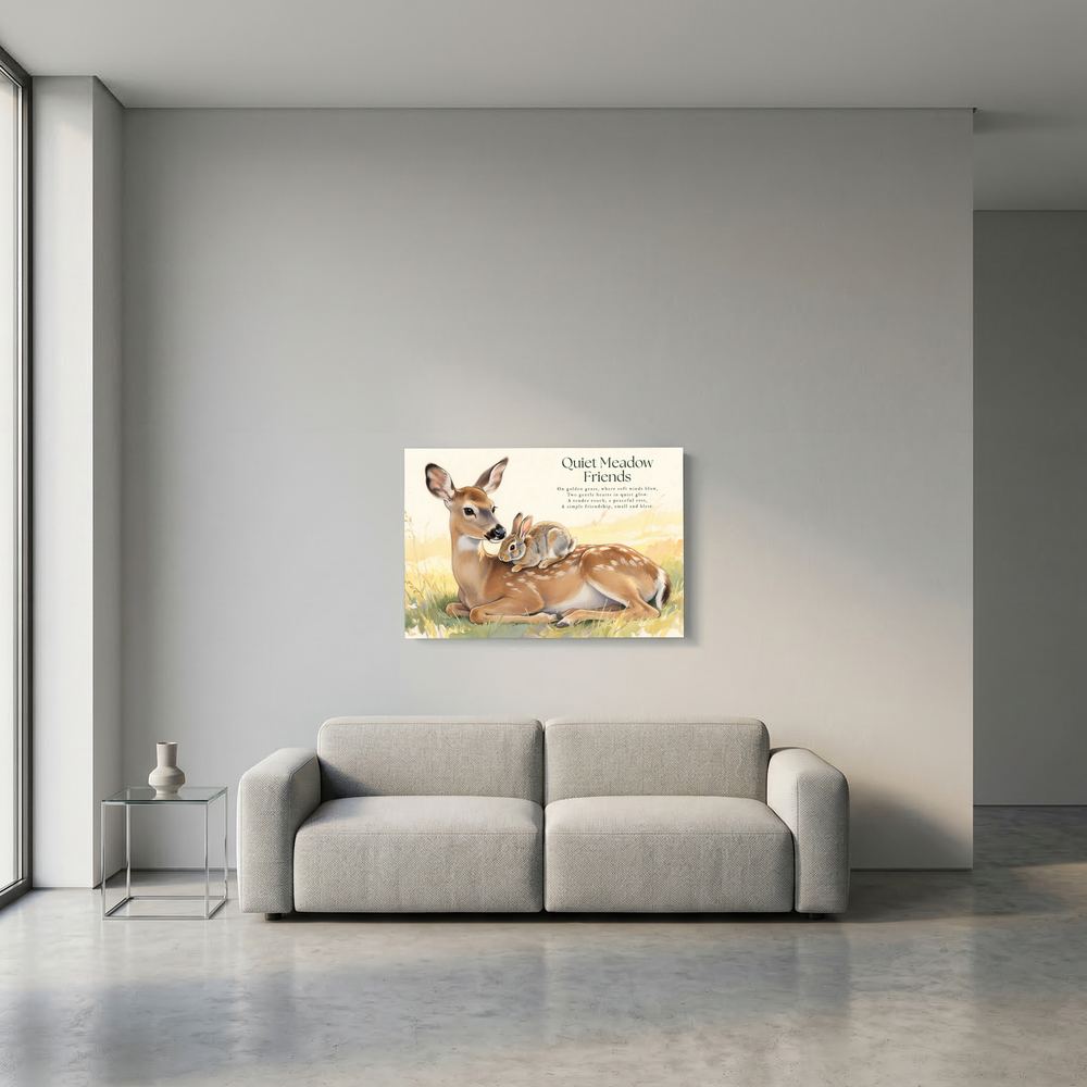 Quiet Meadow Friends Deer & Rabbit Woodland Illustration Framed Fine Art Print