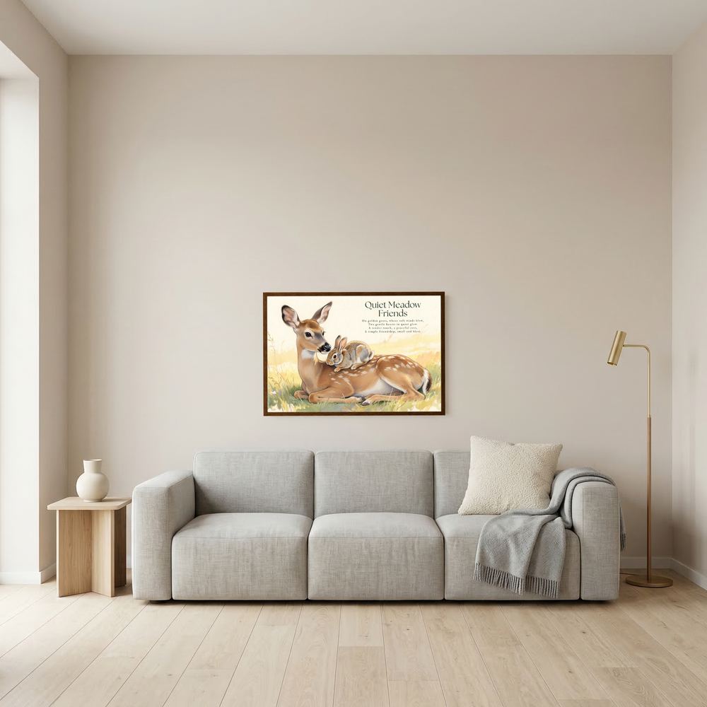 Quiet Meadow Friends Deer & Rabbit Woodland Illustration Framed Fine Art Print
