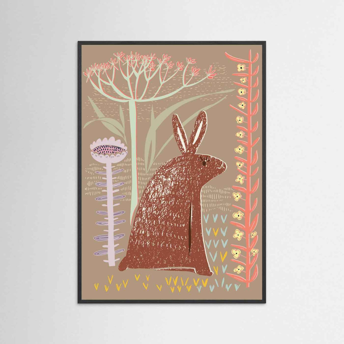 Block Print Brown Bunny Botanical Illustrated Framed Fine Art Print