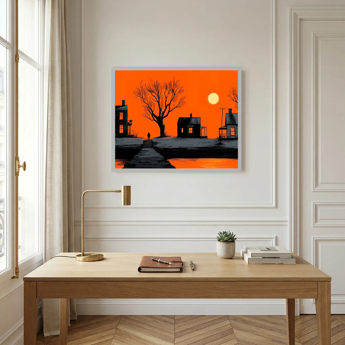 Orange Noir Sunset Waterfront Landscape Graphic Illustration Fine Art Paper Print