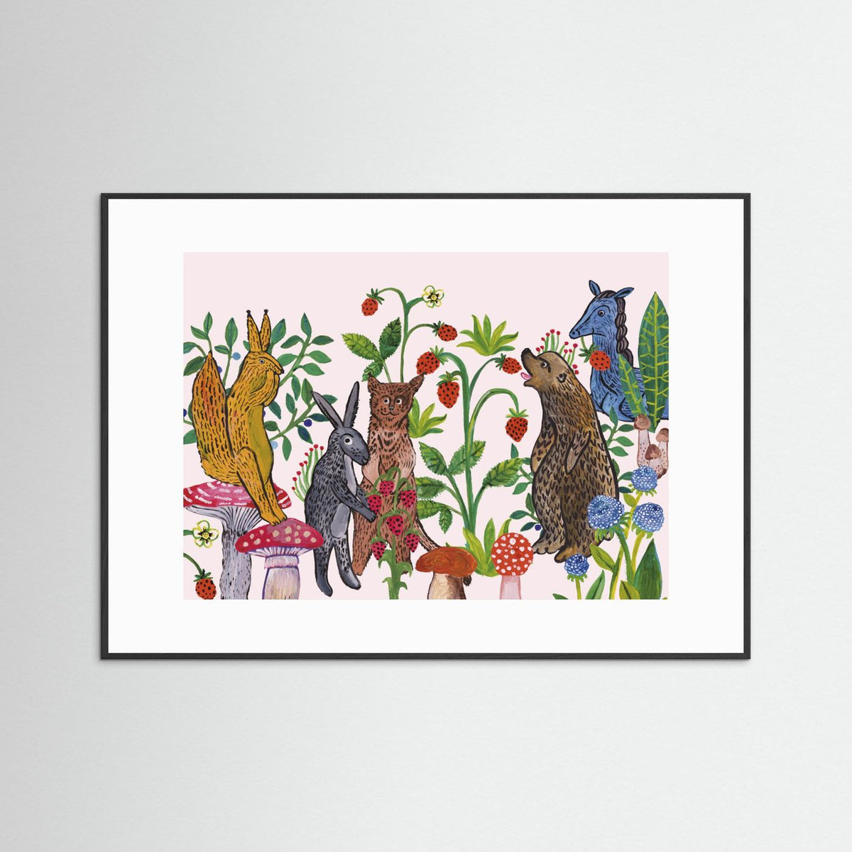 Mushroom Picking Folk Art Woodland Illustrated Framed Fine Art Print
