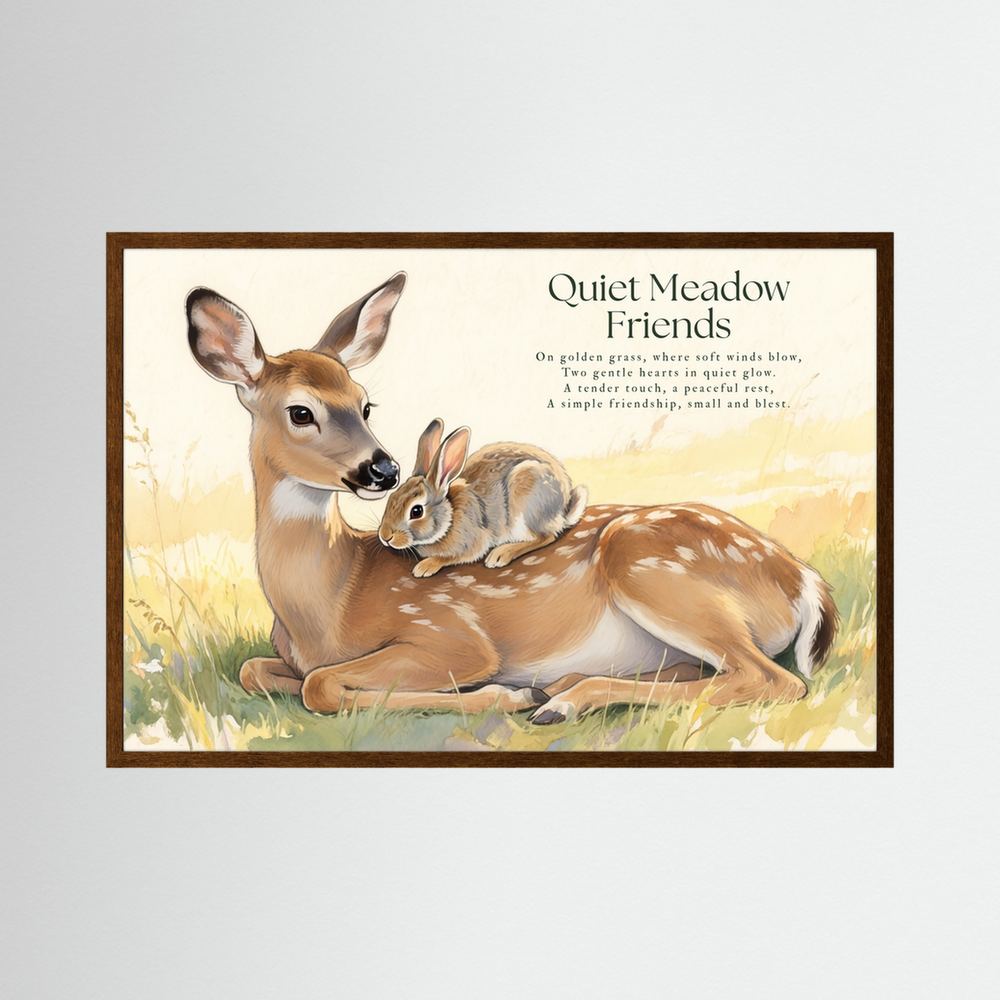 Quiet Meadow Friends Deer & Rabbit Woodland Illustration Framed Fine Art Print