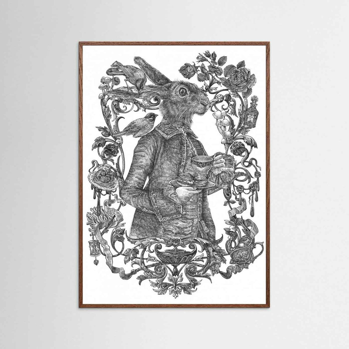 March Hare Vintage Illustration Black & White Framed Fine Art Print