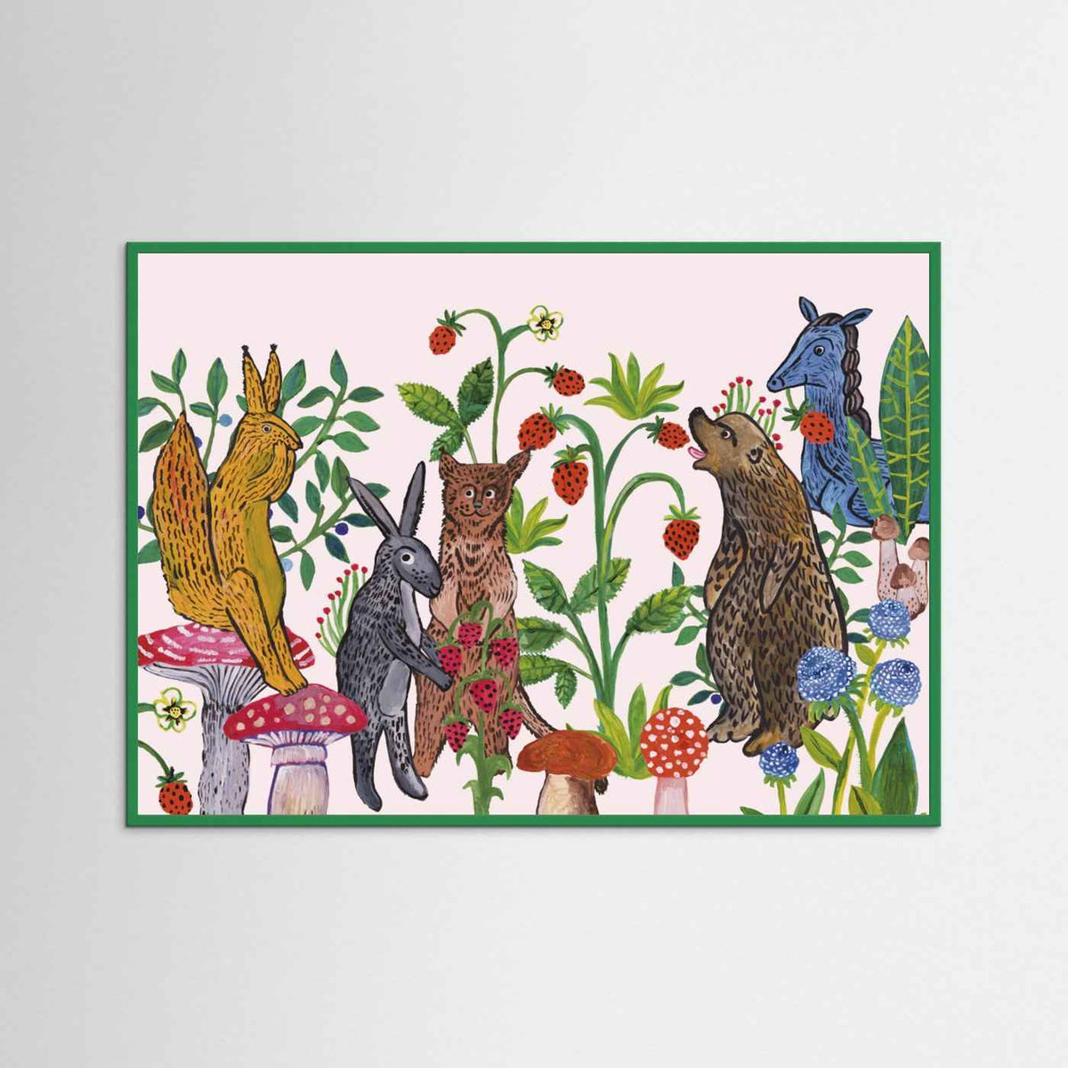 Mushroom Picking Folk Art Woodland Illustrated Framed Fine Art Print