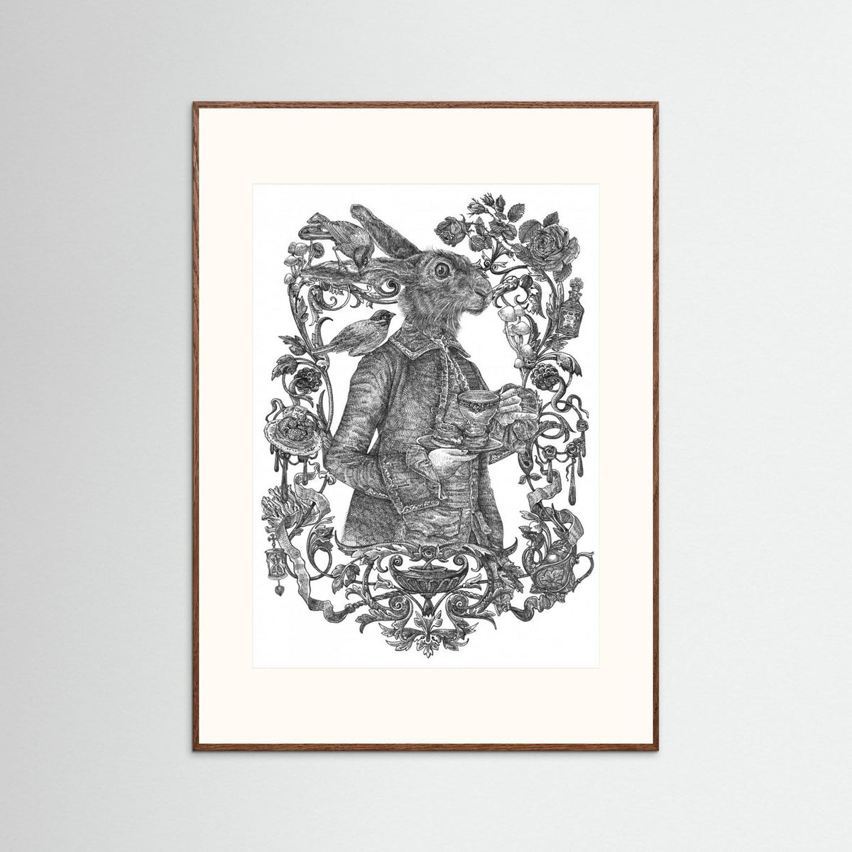 March Hare Vintage Illustration Black & White Framed Fine Art Print