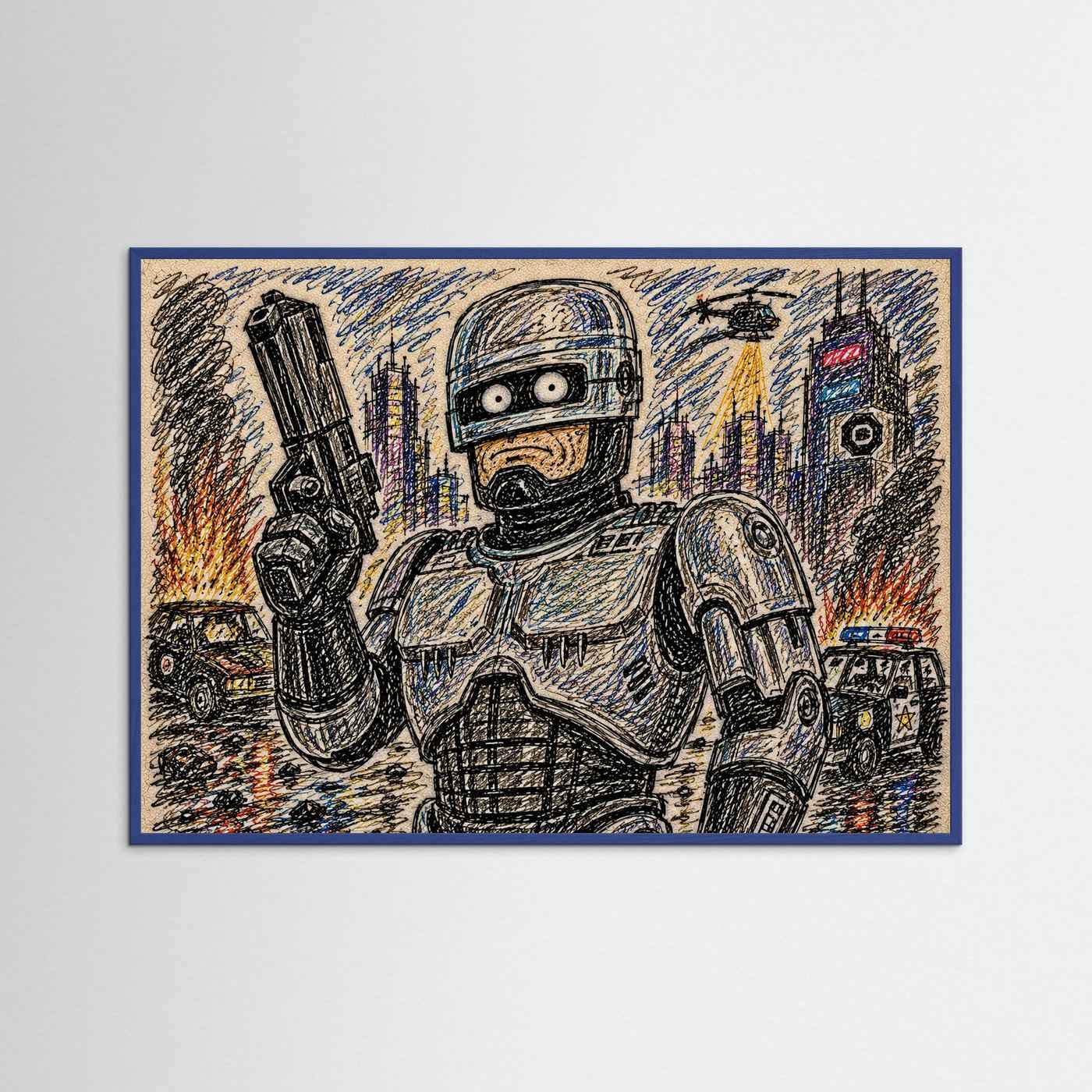 Large Framed Wall Art – Retro Sci-Fi Robocop Drawing Print