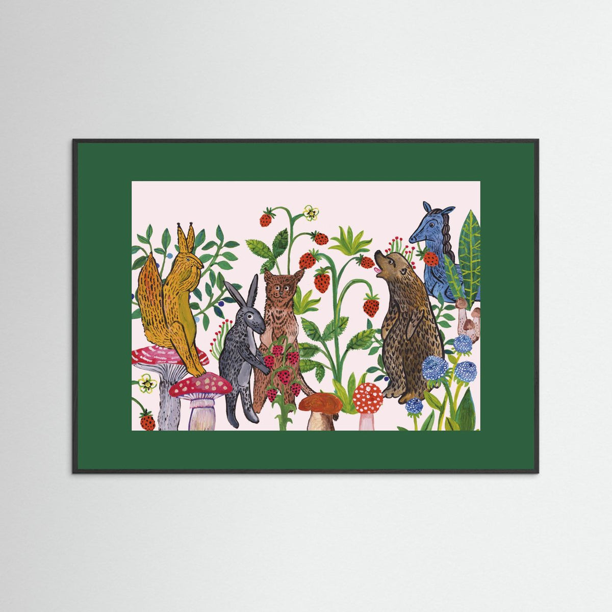 Mushroom Picking Folk Art Woodland Illustrated Framed Fine Art Print