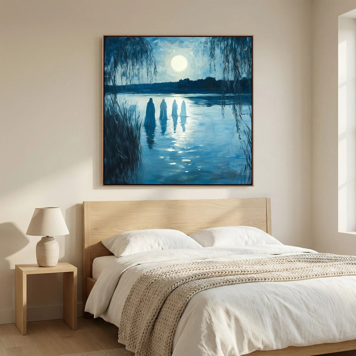 Ethereal Moonlit Figures on Water Landscape Canvas Wall Art
