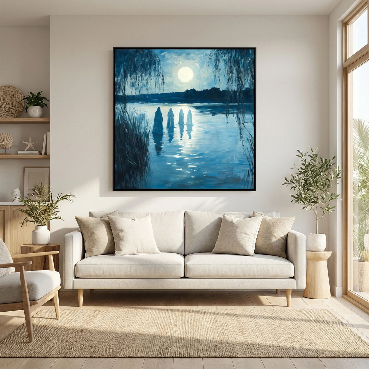 Ethereal Moonlit Figures on Water Landscape Canvas Wall Art
