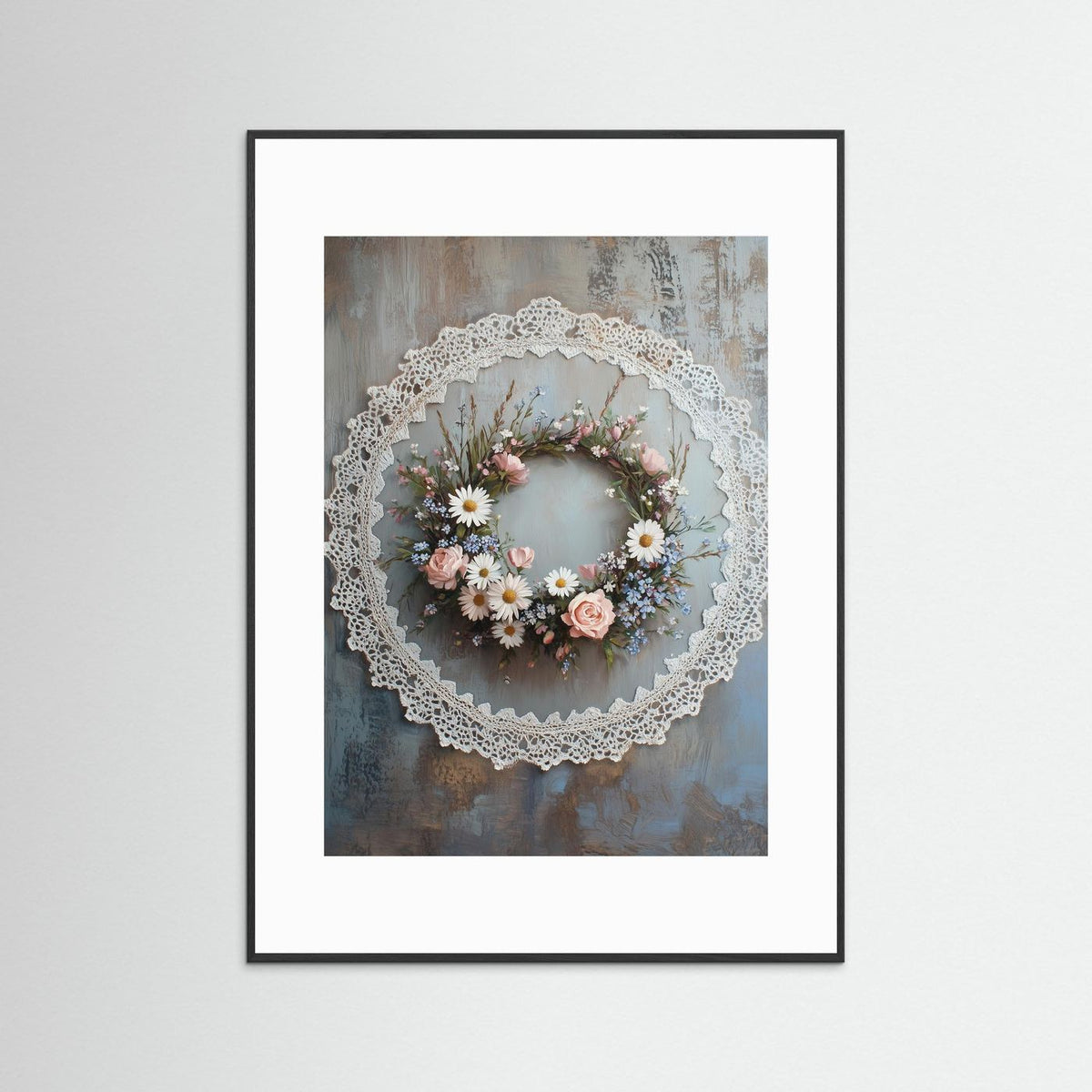 Vintage Floral Wreath with Lace Border Fine Art Paper Print