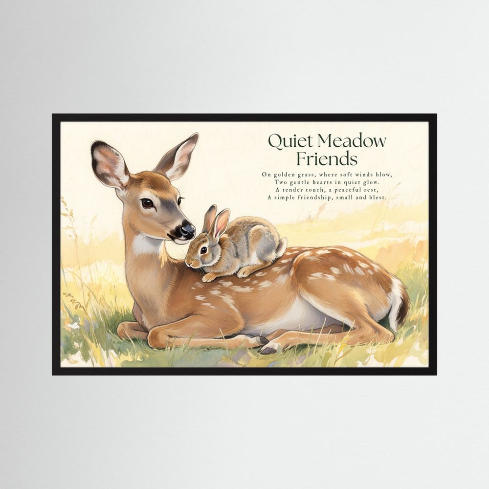 Quiet Meadow Friends Deer & Rabbit Woodland Illustration Framed Fine Art Print