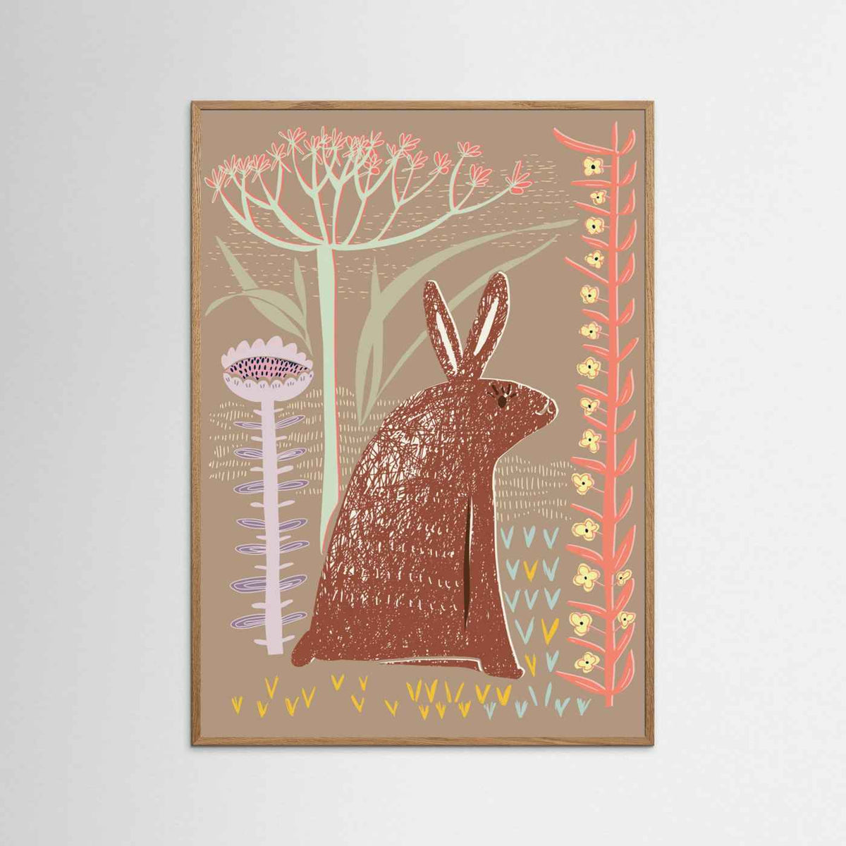 Block Print Brown Bunny Botanical Illustrated Framed Fine Art Print