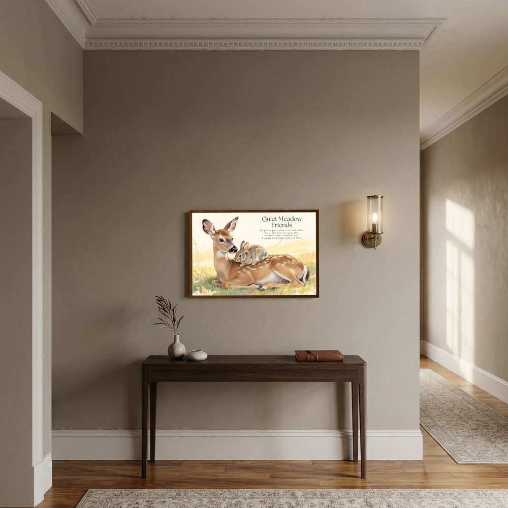 Quiet Meadow Friends Deer & Rabbit Woodland Illustration Framed Fine Art Print