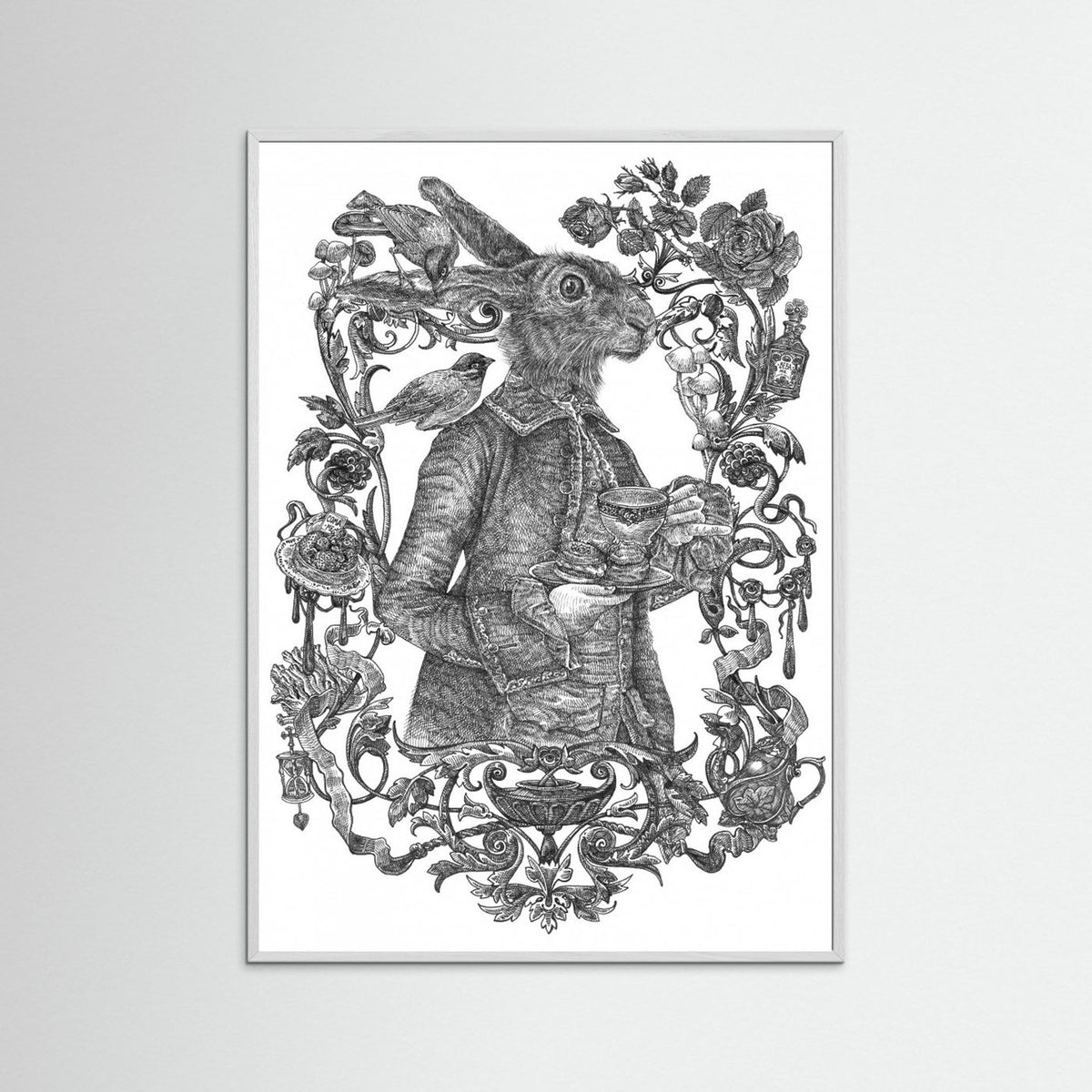 March Hare Vintage Illustration Black & White Framed Fine Art Print