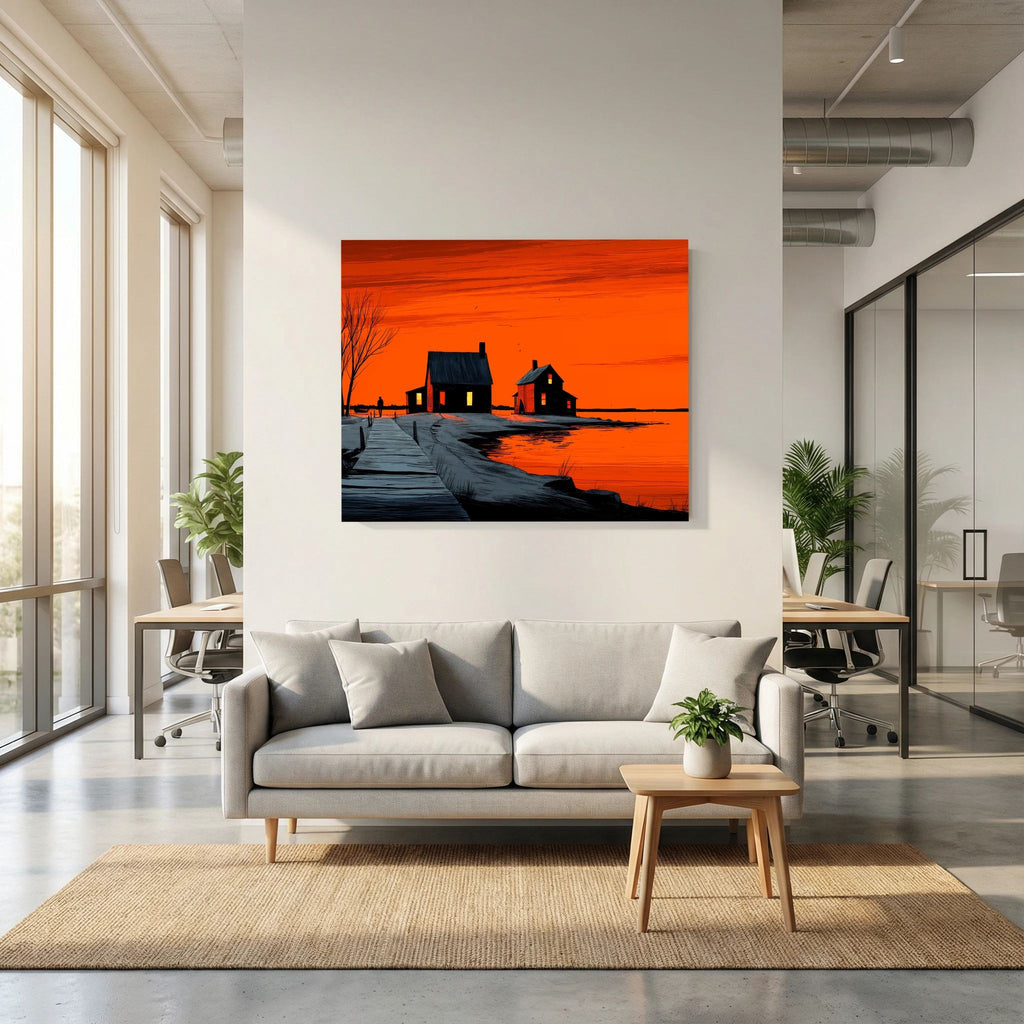 Orange Sunset Landscape Graphic Illustration Canvas Wall Art