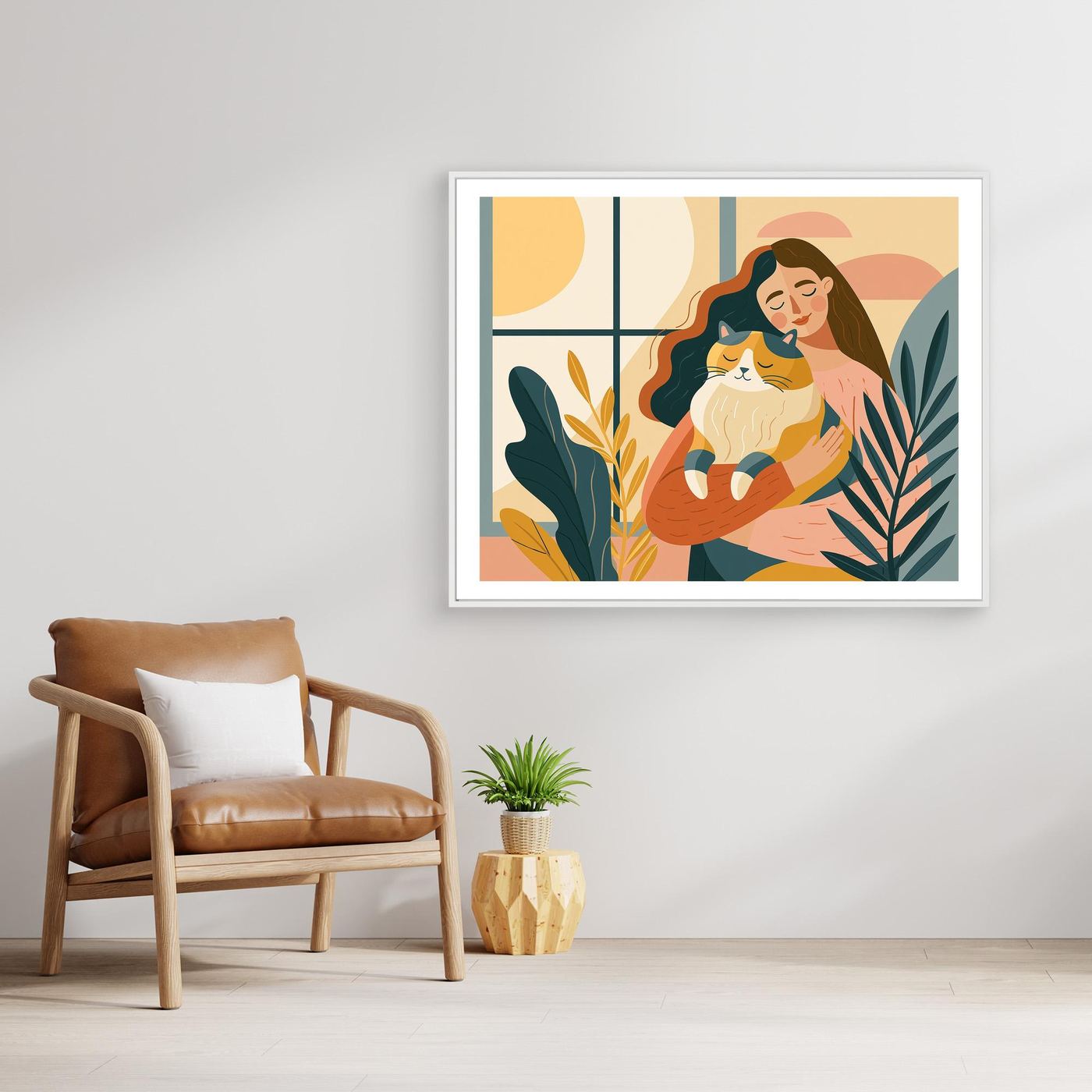 Woman & Cat Framed Pop Art | Boho Canvas Wall Art