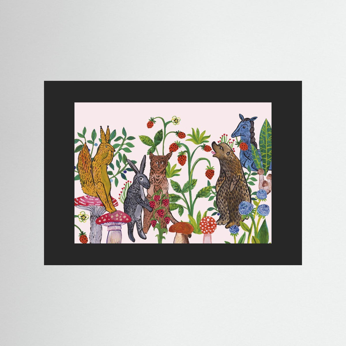 Mushroom Picking Folk Art Woodland Illustrated Framed Fine Art Print