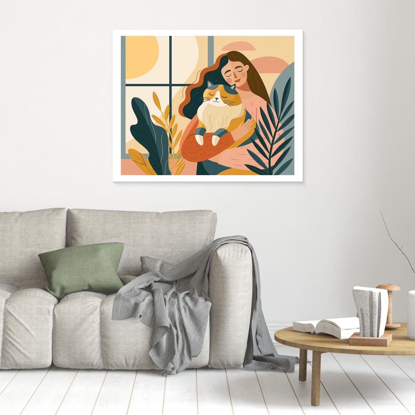 Woman & Cat Framed Pop Art | Boho Canvas Wall Art
