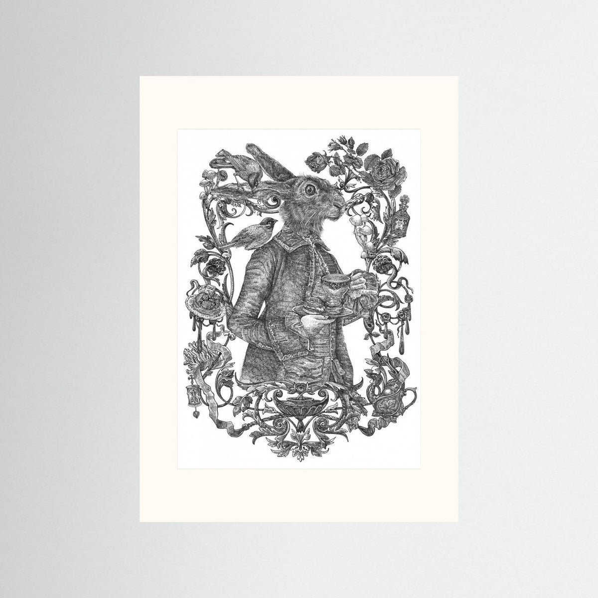 March Hare Vintage Illustration Black & White Framed Fine Art Print