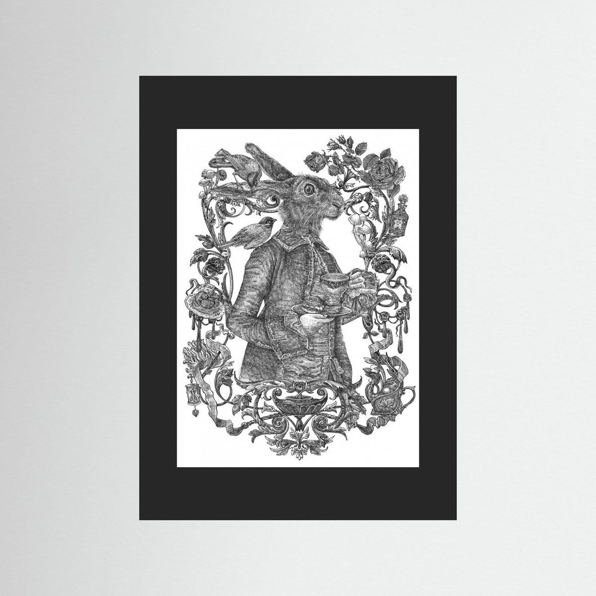 March Hare Vintage Illustration Black & White Framed Fine Art Print