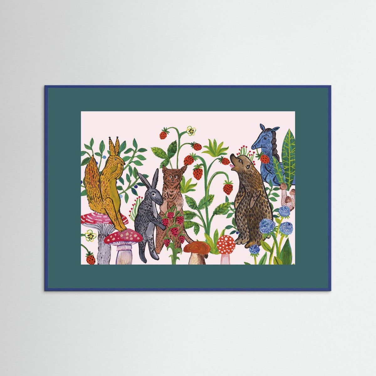 Mushroom Picking Folk Art Woodland Illustrated Framed Fine Art Print