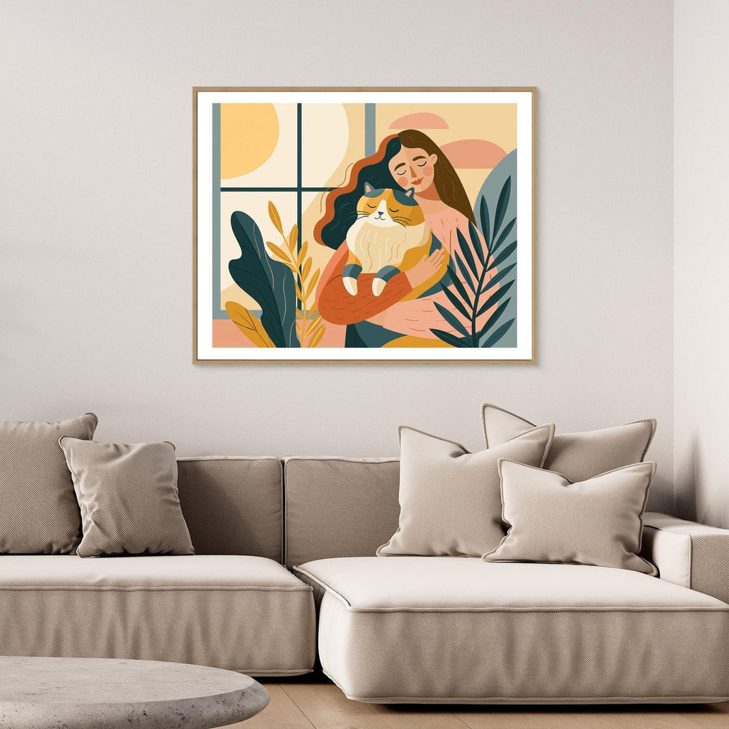 Woman & Cat Framed Pop Art | Boho Canvas Wall Art