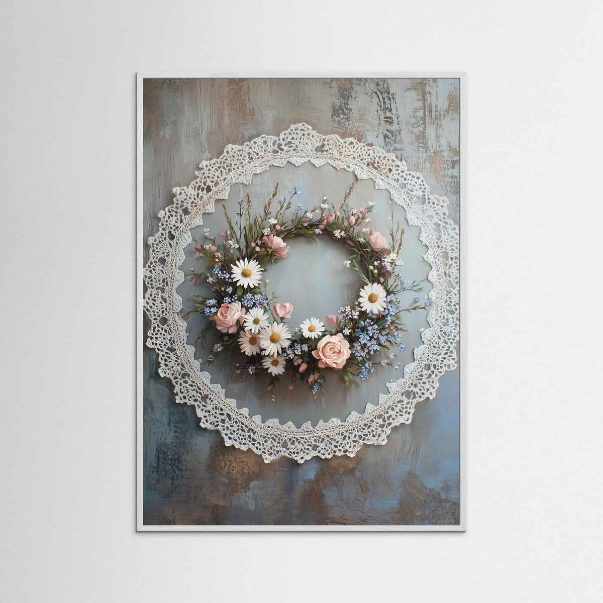 Vintage Floral Wreath with Lace Border Fine Art Paper Print