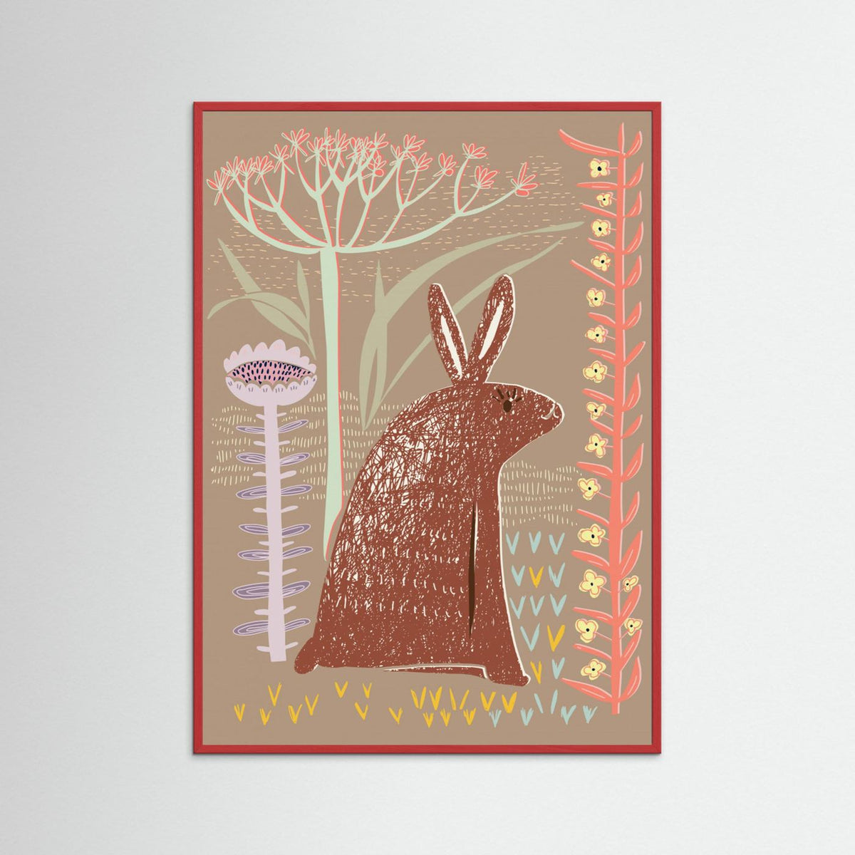 Block Print Brown Bunny Botanical Illustrated Framed Fine Art Print