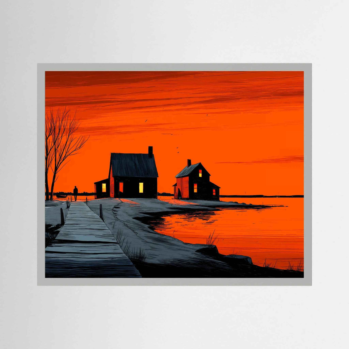 Orange Sunset Landscape Graphic Illustration Fine Art Print