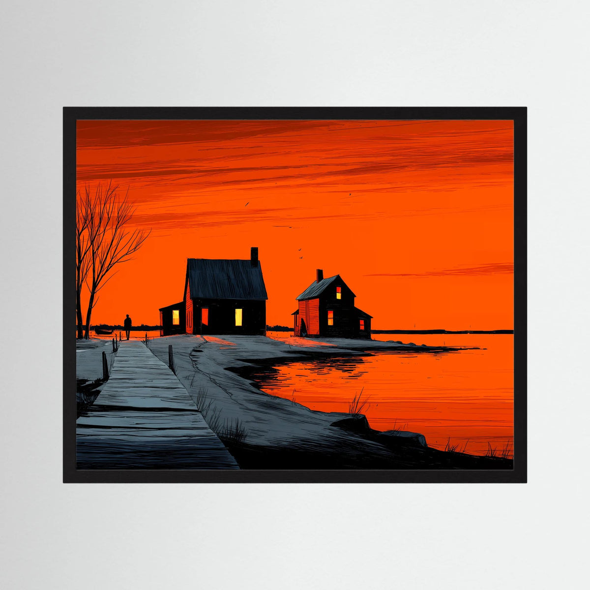 Orange Sunset Landscape Graphic Illustration Canvas Wall Art