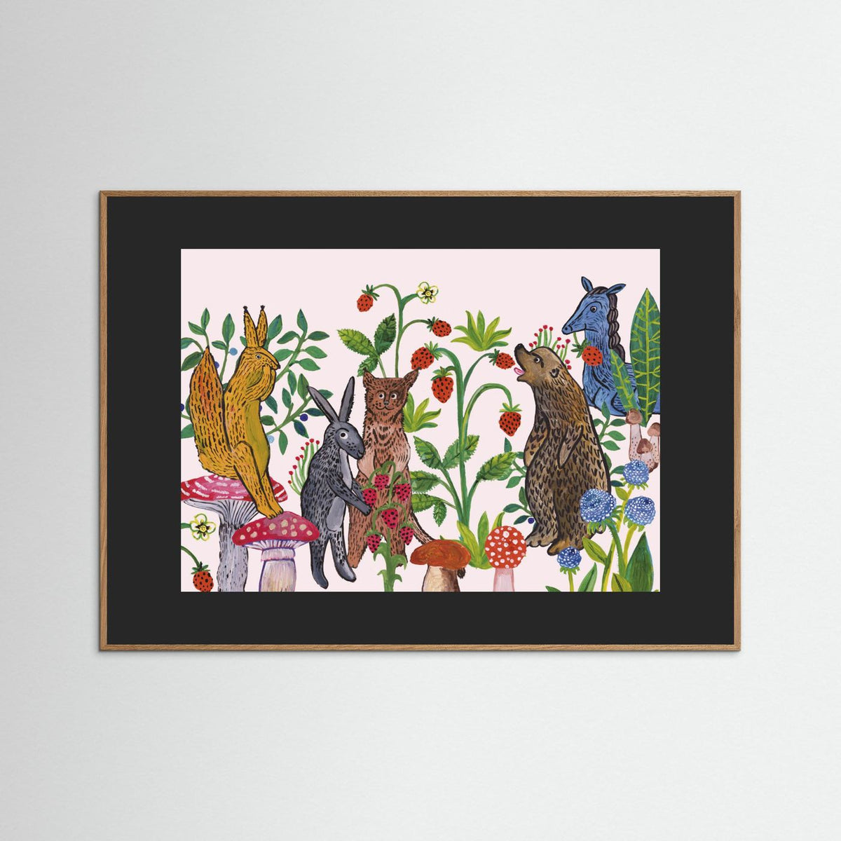 Mushroom Picking Folk Art Woodland Illustrated Framed Fine Art Print