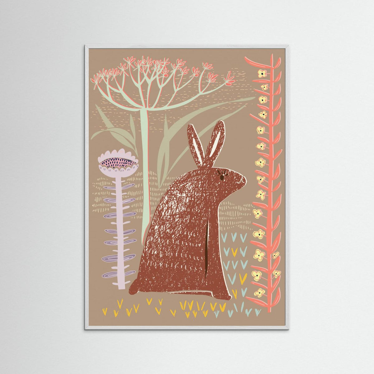 Block Print Brown Bunny Botanical Illustrated Framed Fine Art Print