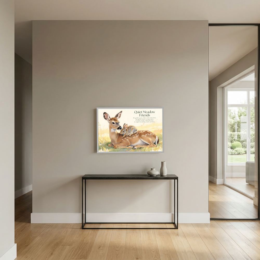 Quiet Meadow Friends Deer & Rabbit Woodland Illustration Framed Fine Art Print