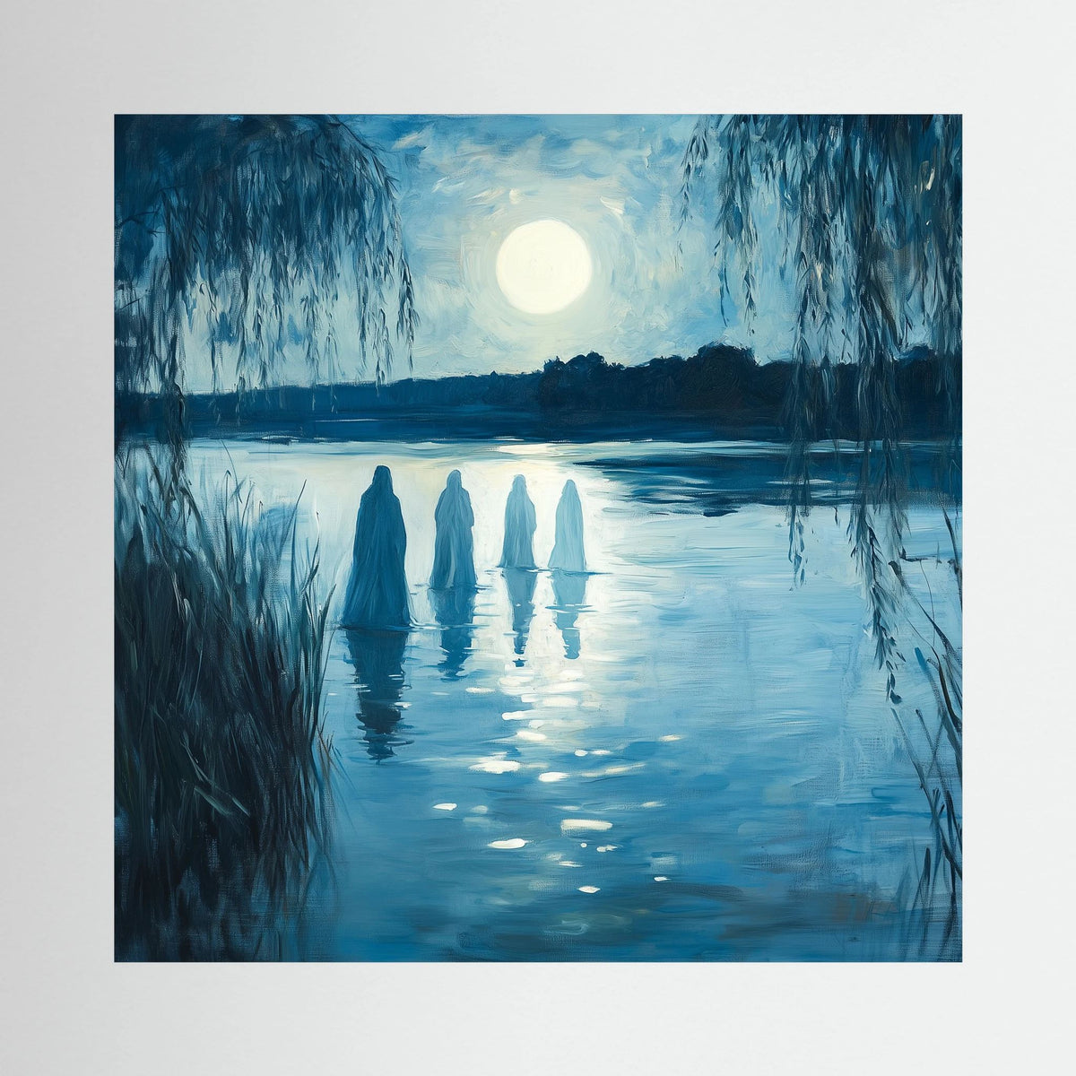 Ethereal Moonlit Figures on Water Landscape Canvas Wall Art
