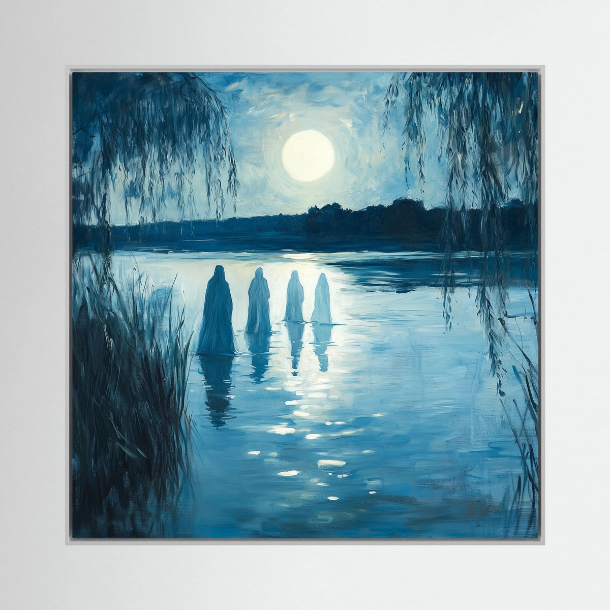 Ethereal Moonlit Figures on Water Landscape Canvas Wall Art