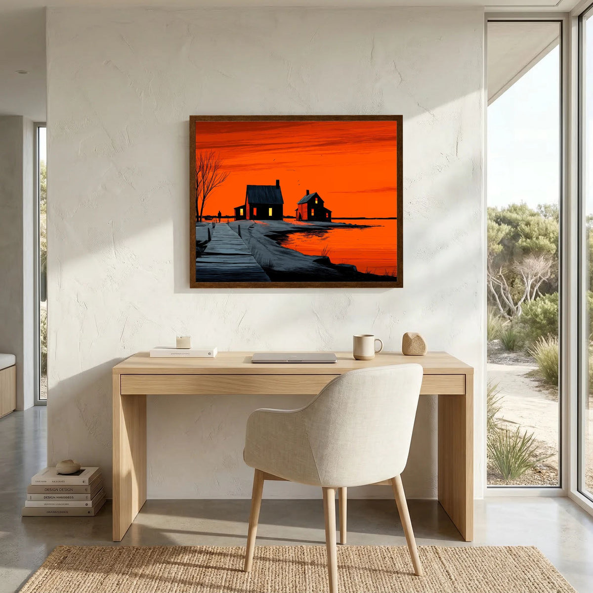 Orange Sunset Landscape Graphic Illustration Canvas Wall Art