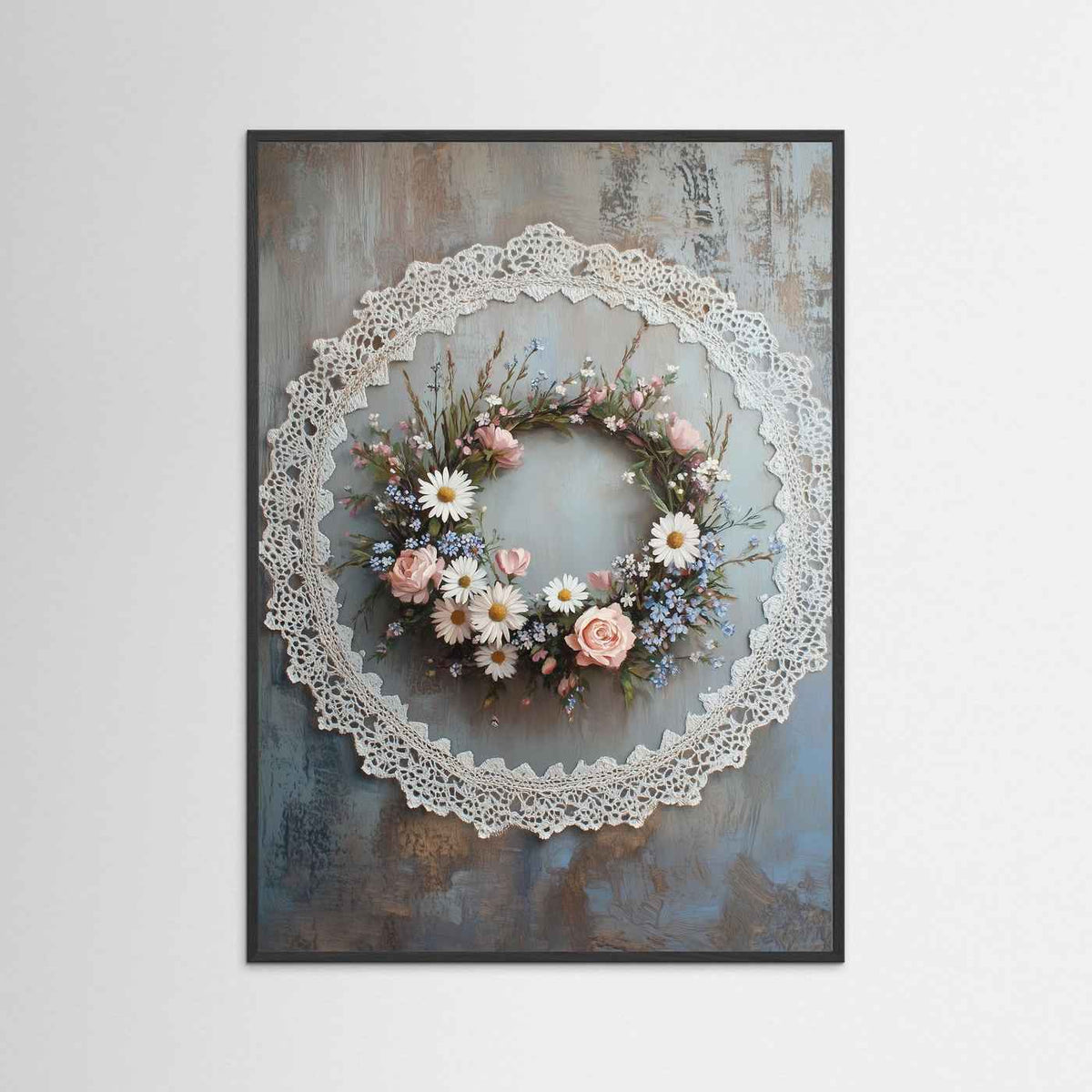 Vintage Floral Wreath with Lace Border Fine Art Paper Print