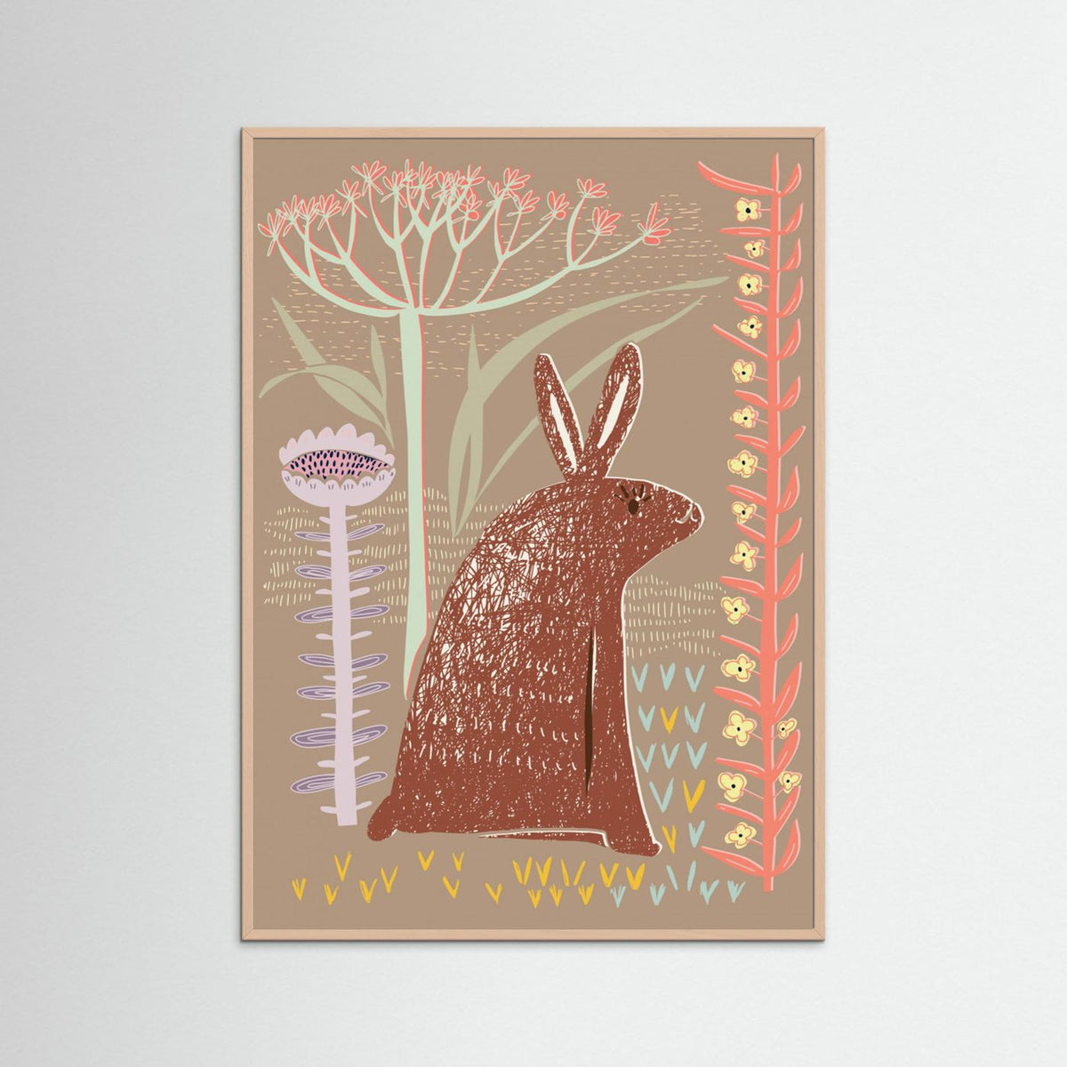 Block Print Brown Bunny Botanical Illustrated Framed Fine Art Print