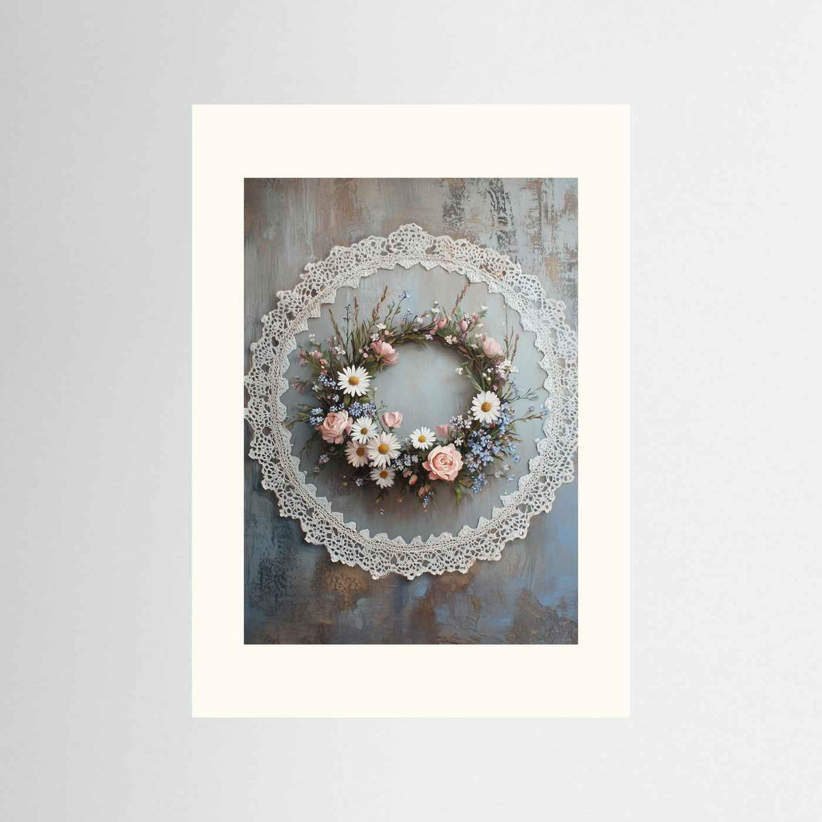 Vintage Floral Wreath with Lace Border Fine Art Paper Print