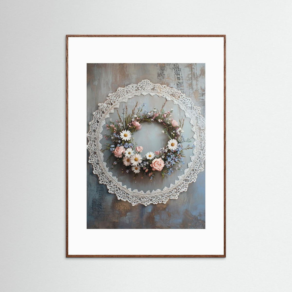 Vintage Floral Wreath with Lace Border Fine Art Paper Print