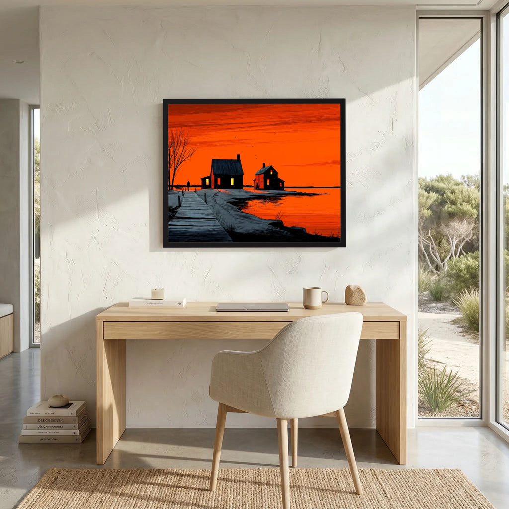 Orange Sunset Landscape Graphic Illustration Canvas Wall Art
