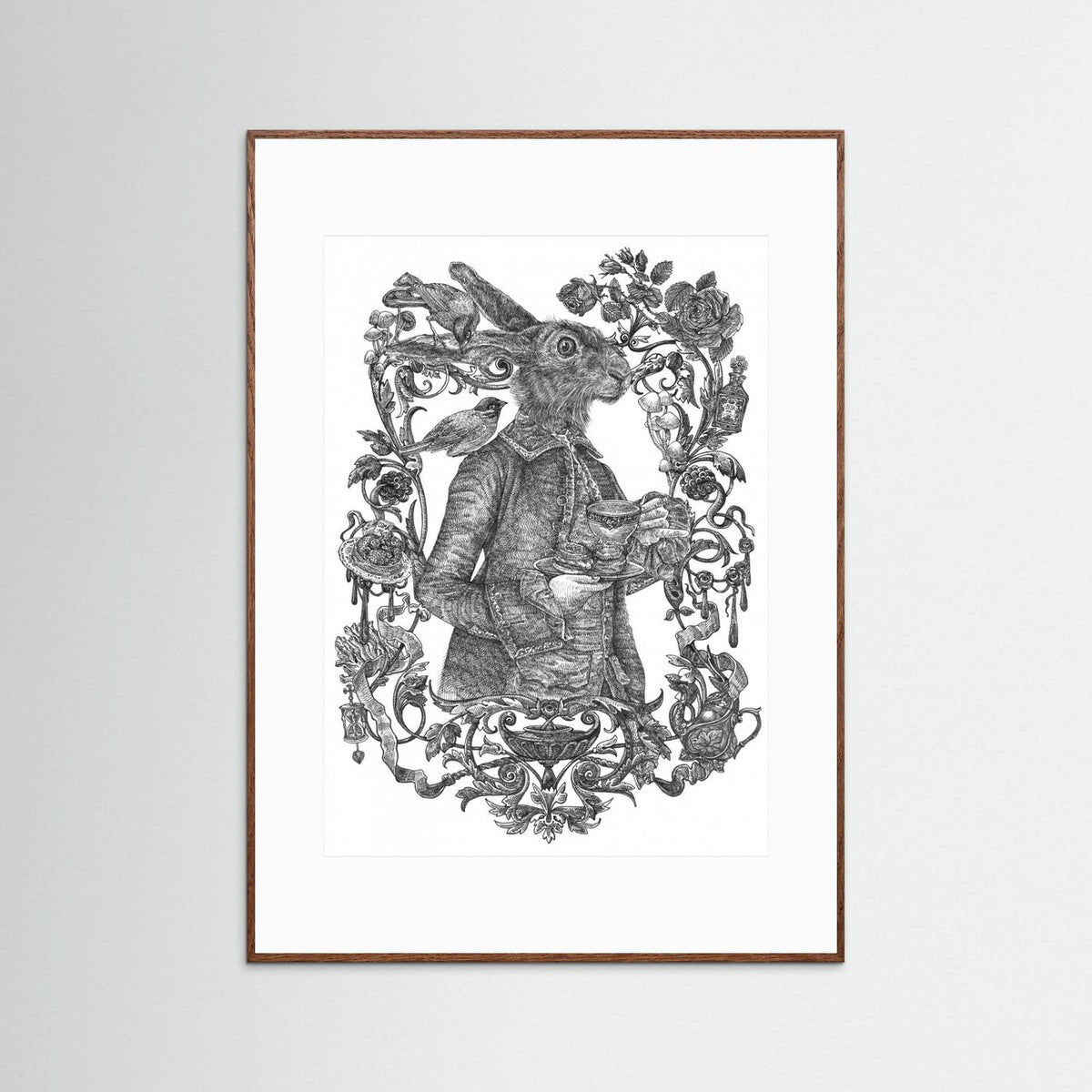 March Hare Vintage Illustration Black & White Framed Fine Art Print