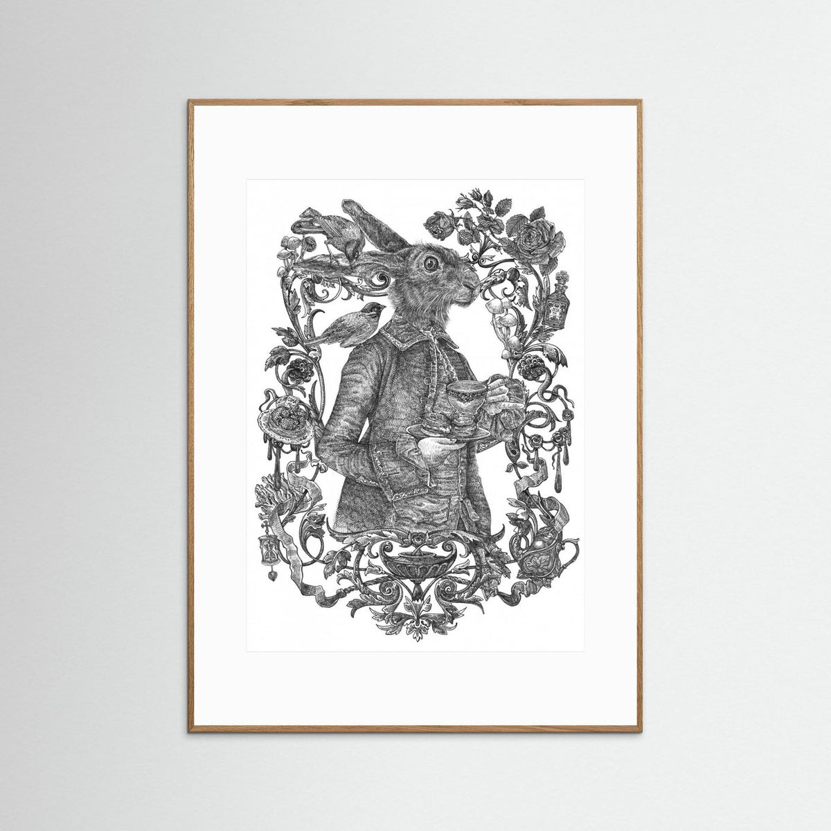 March Hare Vintage Illustration Black & White Framed Fine Art Print