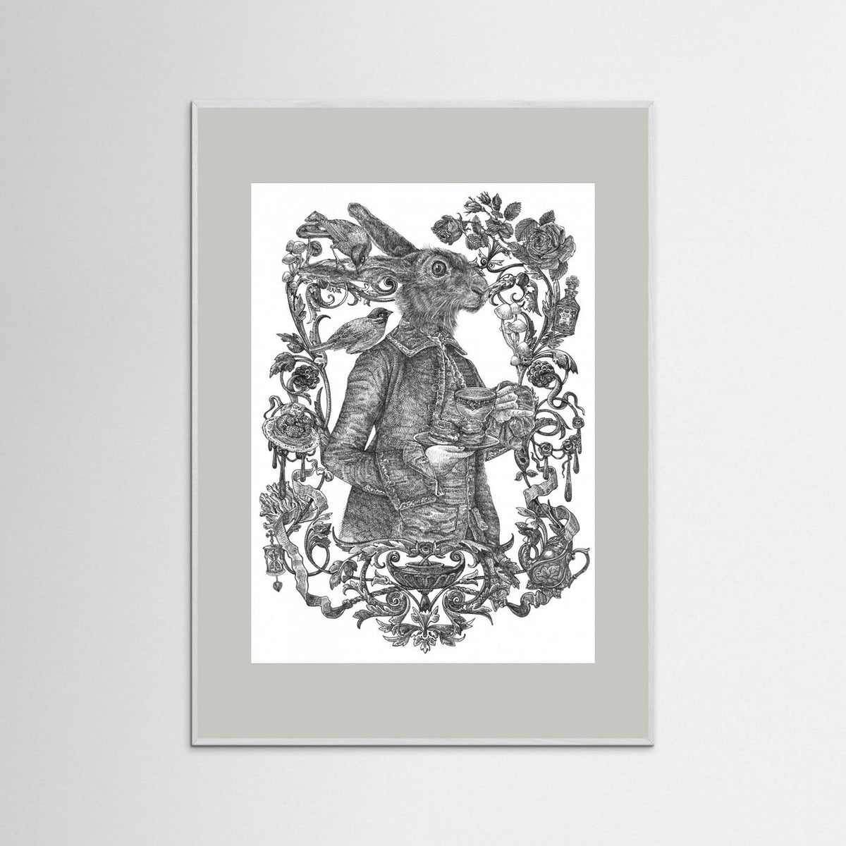 March Hare Vintage Illustration Black & White Framed Fine Art Print