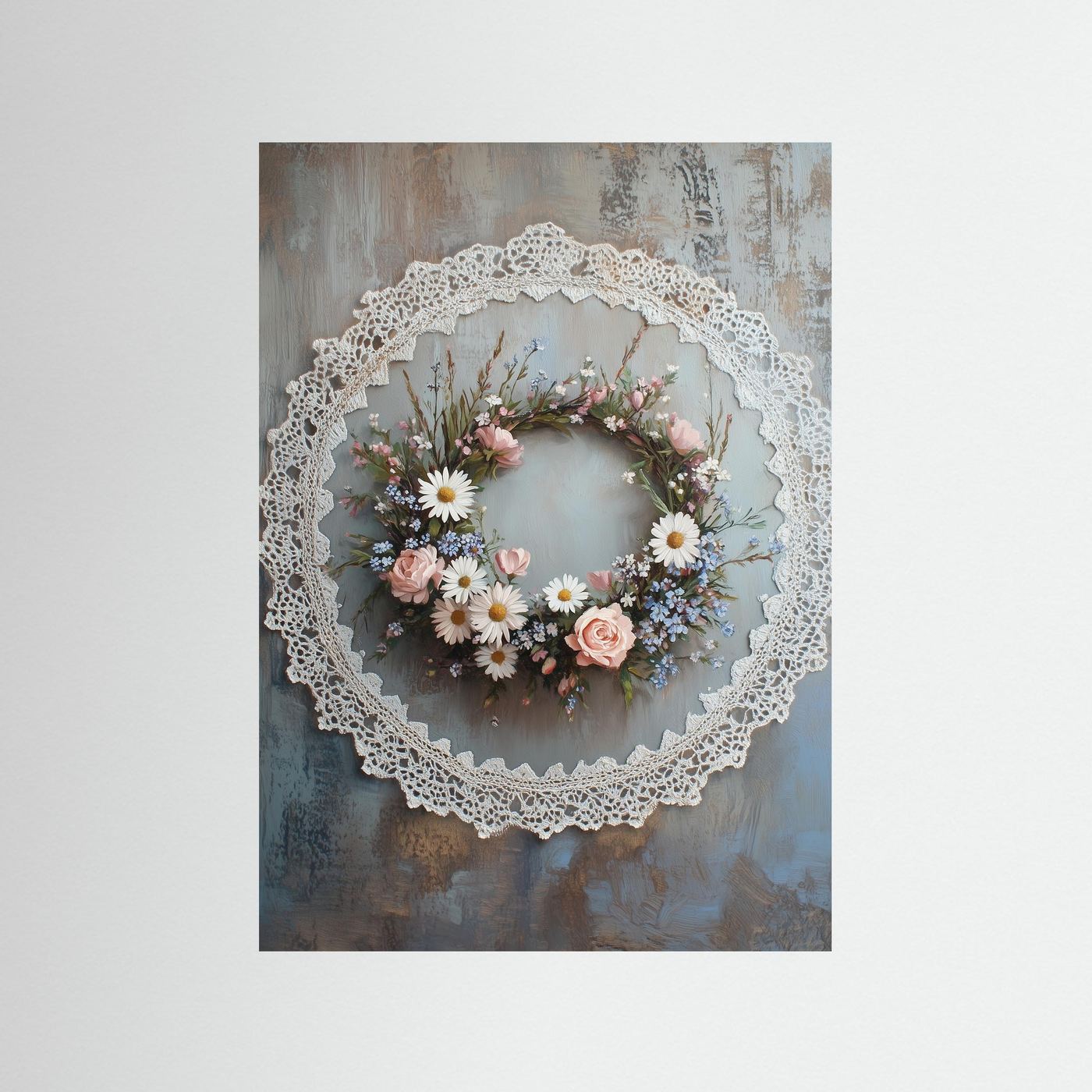 Vintage Floral Wreath with Lace Border Fine Art Paper Print