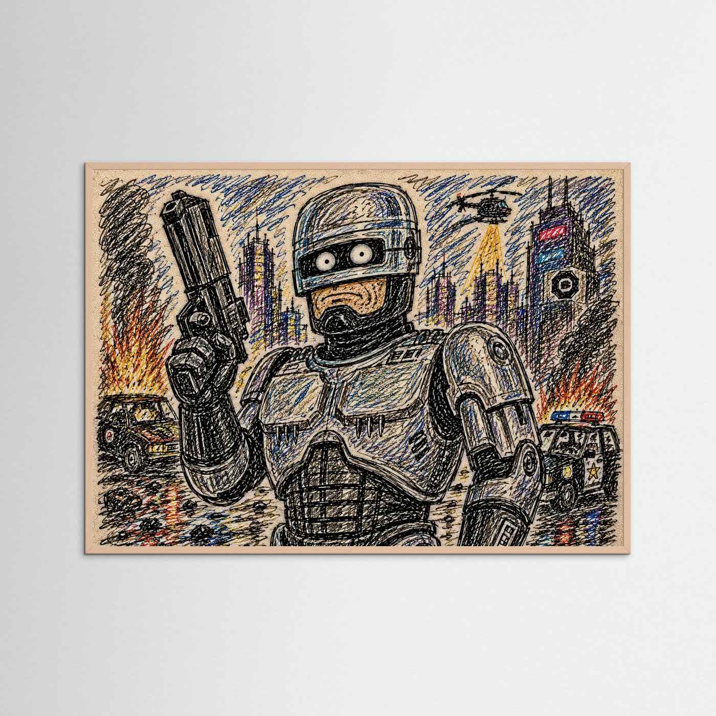 Large Framed Wall Art – Retro Sci-Fi Robocop Drawing Print