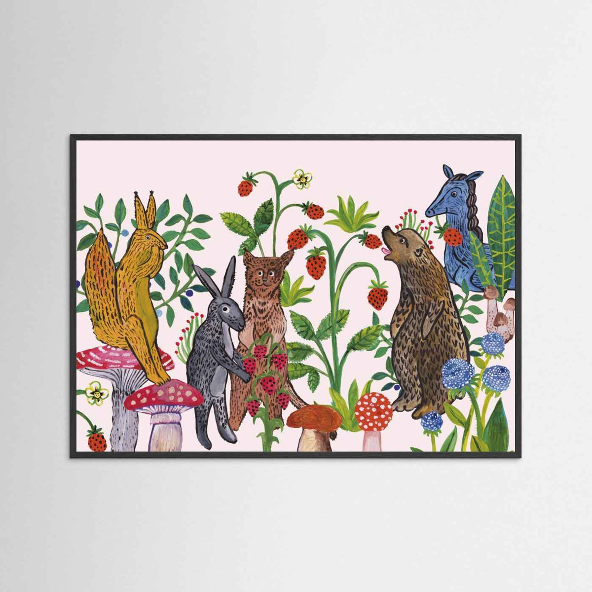 Mushroom Picking Folk Art Woodland Illustrated Framed Fine Art Print