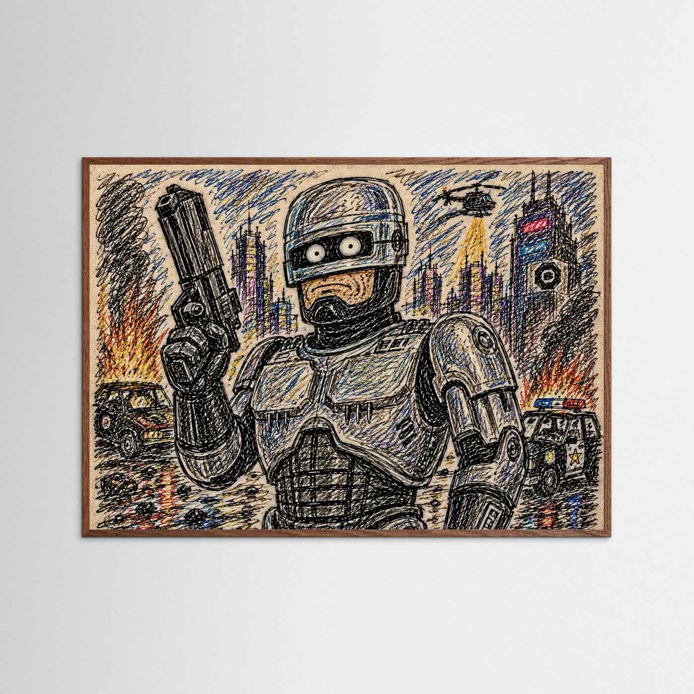 Large Framed Wall Art – Retro Sci-Fi Robocop Drawing Print