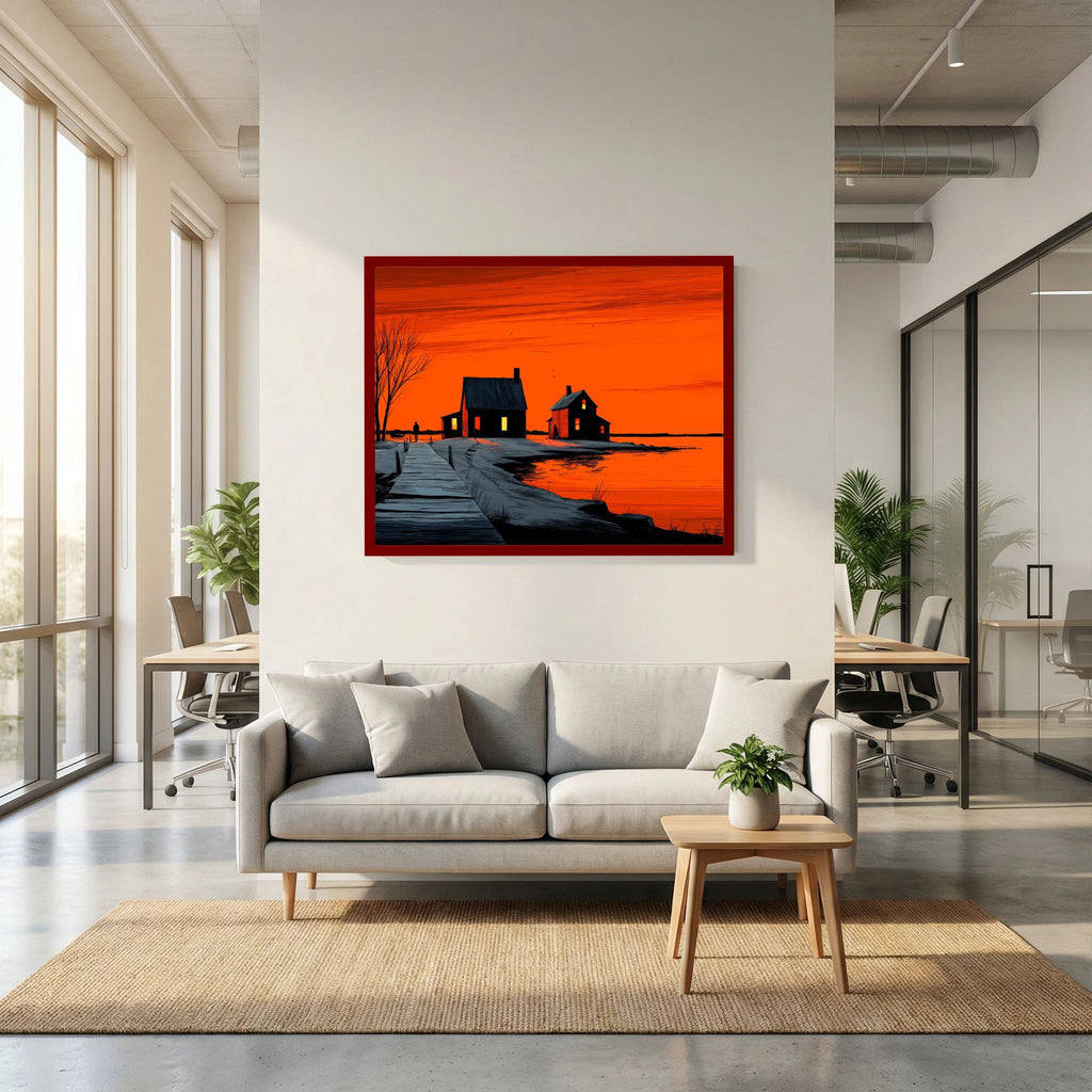 Orange Sunset Landscape Graphic Illustration Canvas Wall Art